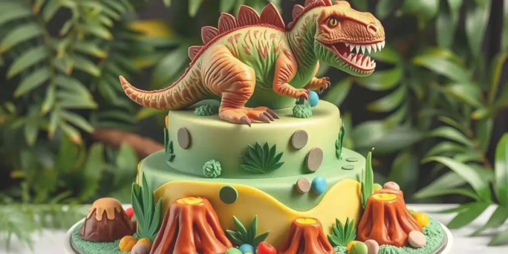 Dinosaur cake with colorful fondant decoration, featuring a fun dinosaur design on a birthday cake