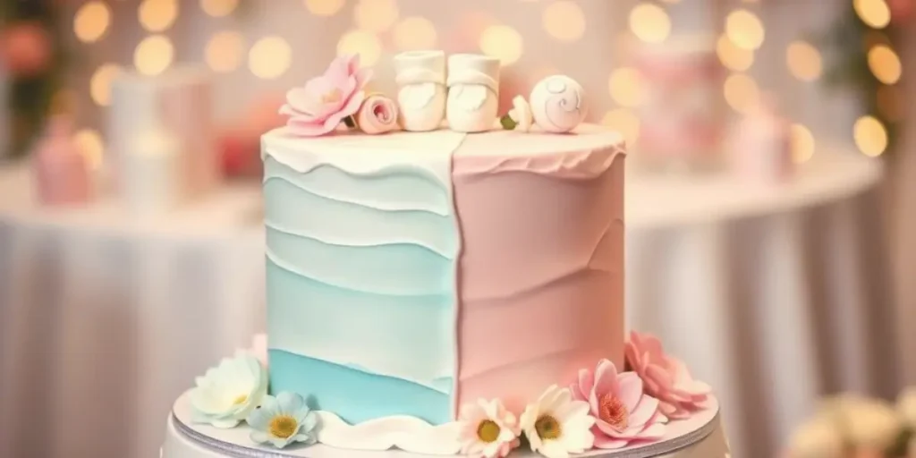 A beautifully designed gender reveal cake with pink and blue decorations, perfect for revealing a baby’s gender at a celebration.