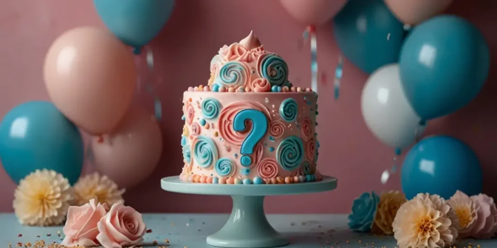 A beautifully decorated gender reveal cake with a white frosting exterior, featuring pink and blue decorations and a slice revealing the baby’s gender.