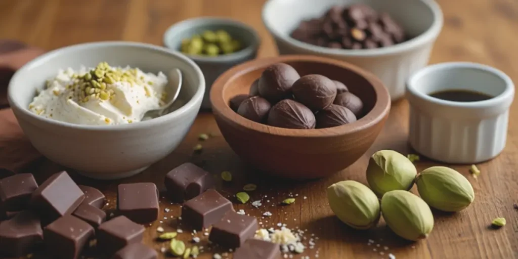 A close-up of a pistachio chocolate bar, showcasing creamy milk chocolate swirled with vibrant green pistachios.