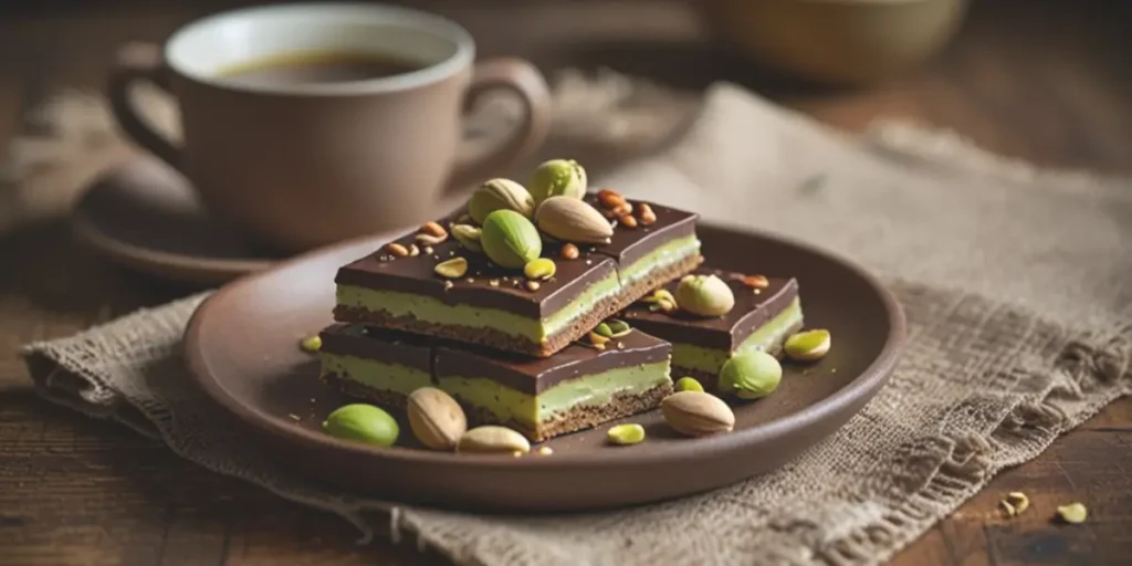 A handcrafted pistachio chocolate bar with chunks of roasted pistachios embedded in rich dark chocolate, placed on a wooden board.