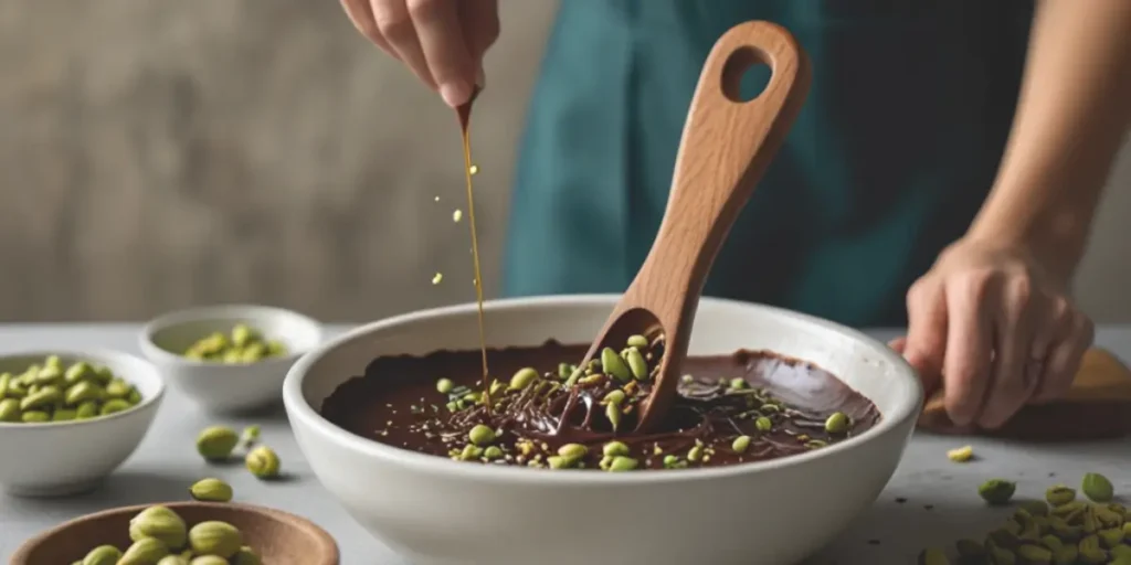 Elegant pistachio chocolate bar pieces broken apart to reveal a mix of dark chocolate and whole pistachios.