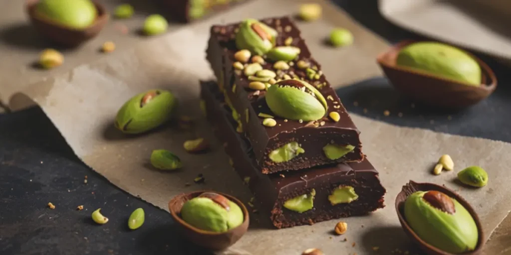 A pistachio chocolate bar with a glossy chocolate finish, scattered with pistachio pieces and placed on a marble surface.