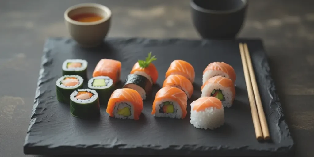 A sushi platter featuring salmon-topped rolls, elegantly arranged with wasabi, pickled ginger, and soy sauce on the side.