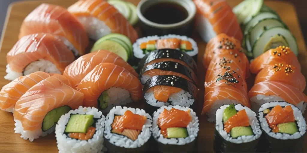 Close-up of sushi rolls topped with vibrant orange salmon, served with traditional garnishes on a minimalist ceramic plate.