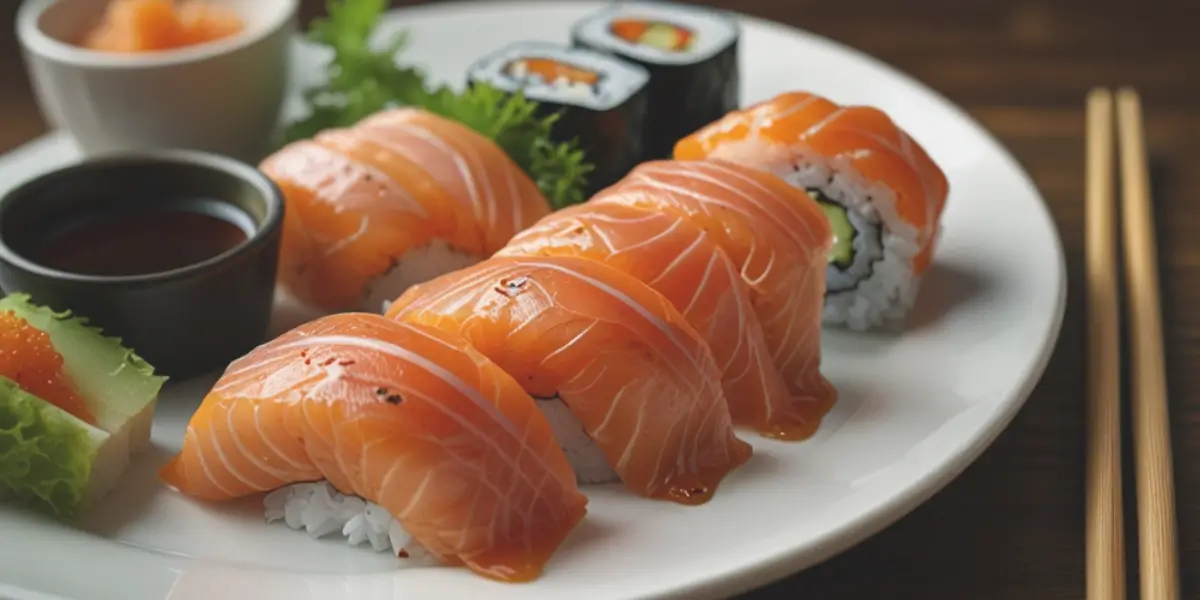 A beautifully arranged sushi order topped with fresh slices of salmon, garnished with sesame seeds and green onions, placed on a stylish plate.