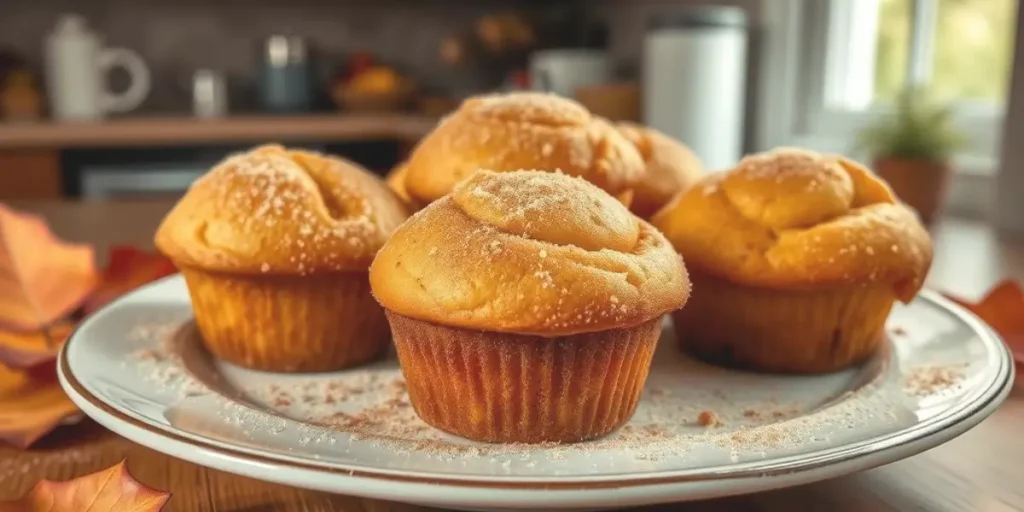 A close-up of freshly baked vegetarian cinnamon sugar donut muffins, topped with a golden cinnamon-sugar coating and arranged on a rustic wooden table.