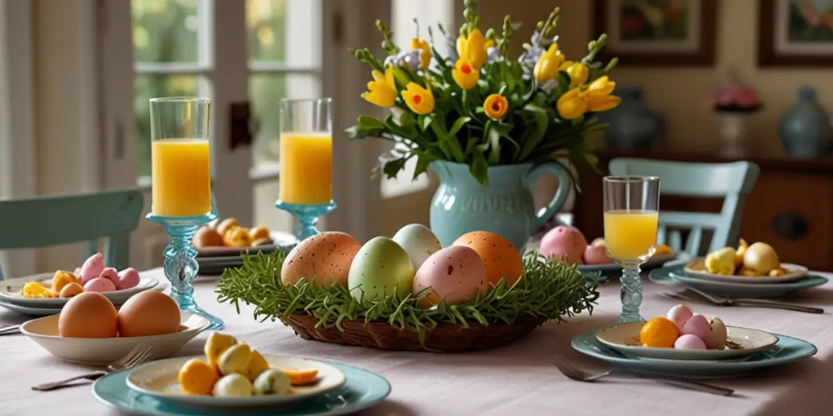 A beautifully set Easter brunch near me table with colorful eggs, fresh flowers, and delicious dishes like pancakes, pastries, and fresh fruit