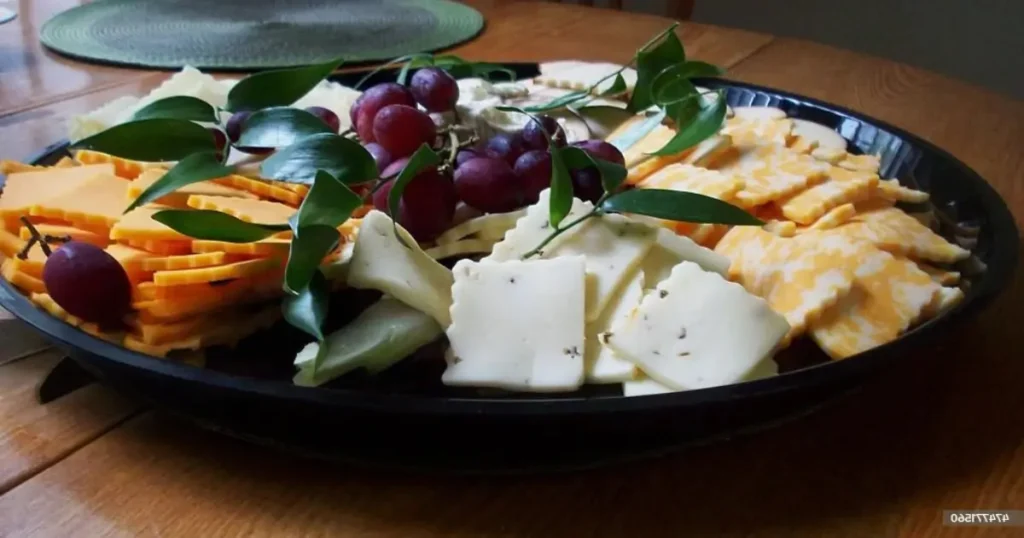 Chunks of Colby Jack cheese stacked on a wooden board, with the marbled yellow and white design visible