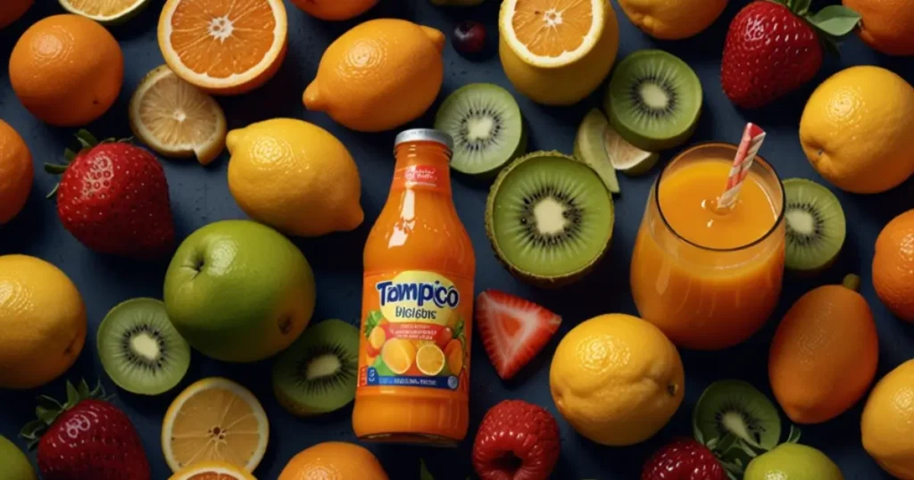 A close-up shot of a chilled glass of Tampico fruit juice with ice cubes and a mint garnish