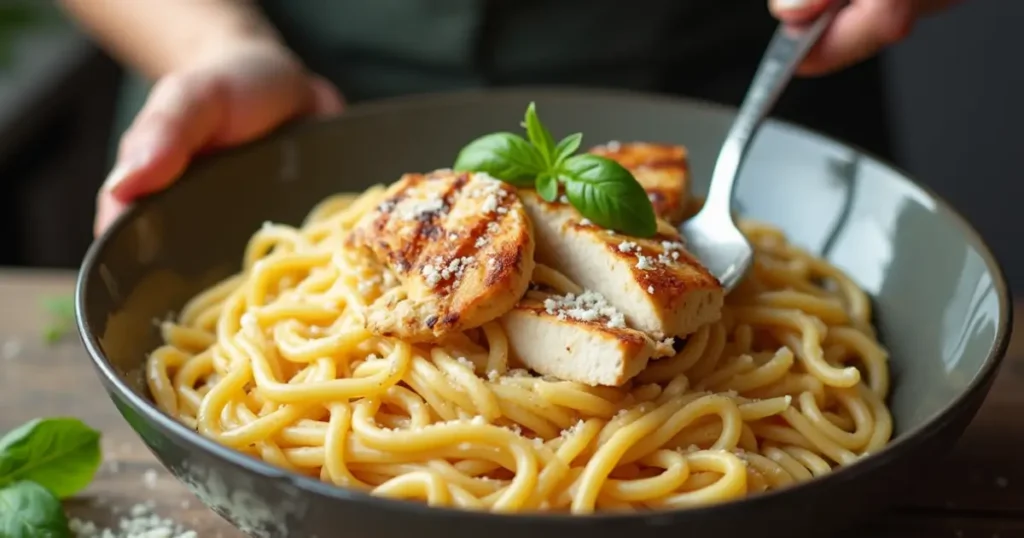 Delicious Marry Me chicken pasta recipe tasty with creamy sauce, grilled chicken, and fresh spinach on a rustic wooden table.