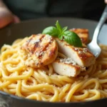 Delicious Marry Me chicken pasta recipe tasty with creamy sauce, grilled chicken, and fresh spinach on a rustic wooden table.