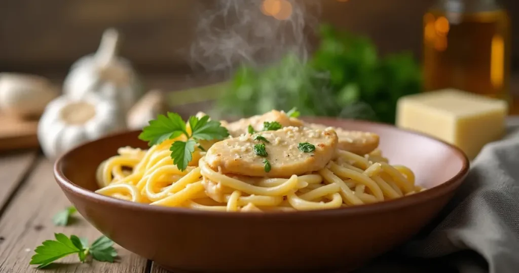 A hearty serving of garlic parmesan chicken pasta with grated parmesan and garlic bread on the side.