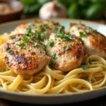 Plated chicken pasta dish with creamy sauce, fresh herbs, and parmesan cheese, ready to be served.