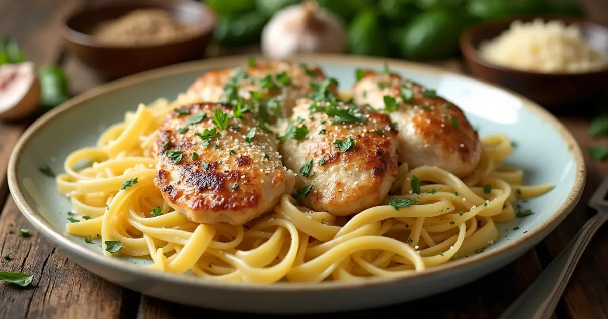 Plated chicken pasta dish with creamy sauce, fresh herbs, and parmesan cheese, ready to be served.