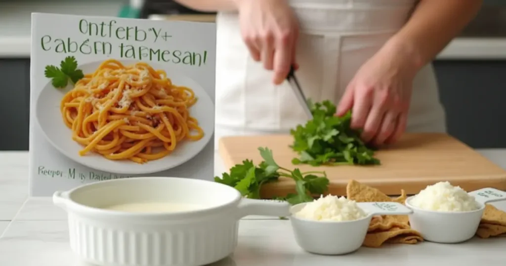 Creamy pasta dish with chicken and grated Parmesan cheese, ready to be enjoyed