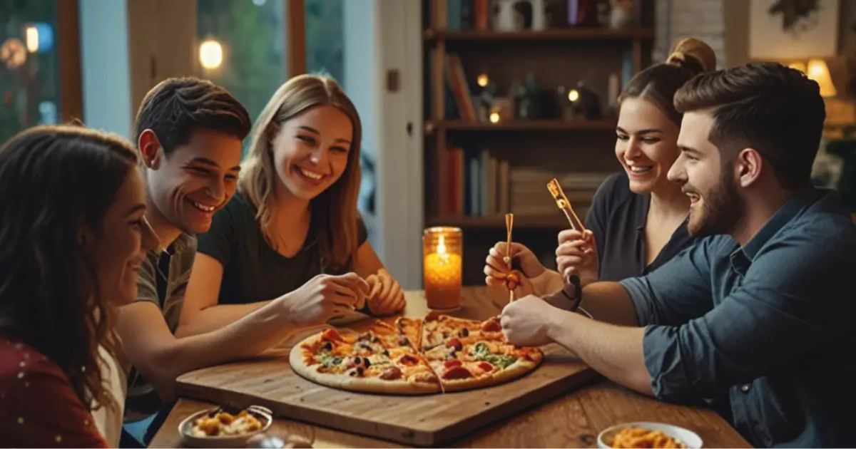 Group of friends enjoying pizza edition games with pizza on the table and board game pieces scattered around