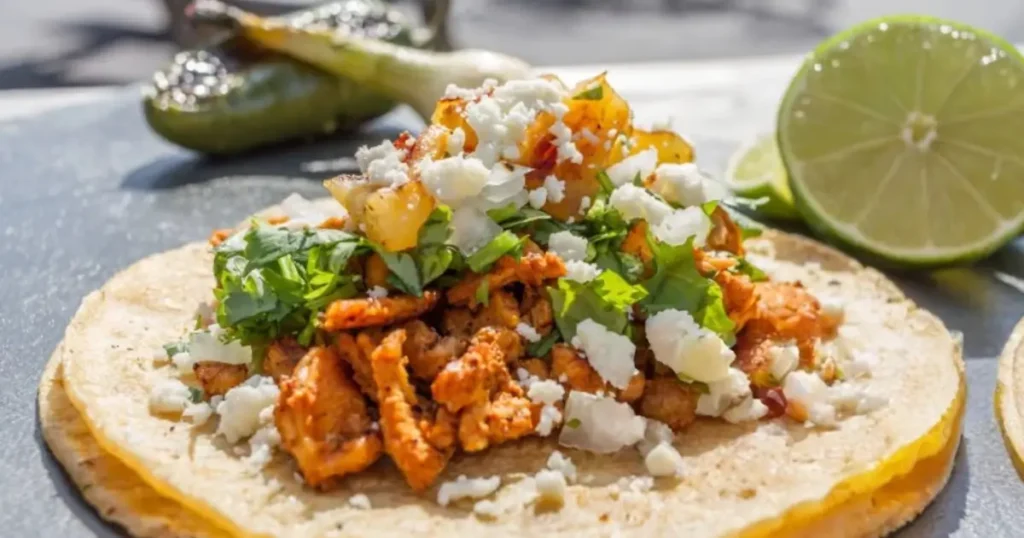 Assorted tacos from Tacos El Cunado served with salsa, lime, and fresh toppings