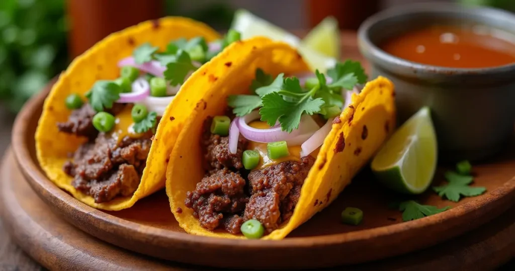 A plate of authentic quesabirria tacos near me​ with crispy tortillas, melted cheese, and beef, served with a side of broth, garnished with cilantro and lime