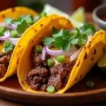 A plate of authentic quesabirria tacos near me​ with crispy tortillas, melted cheese, and beef, served with a side of broth, garnished with cilantro and lime