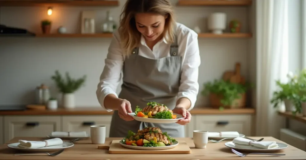 Woman serving a fresh, healthy lunch with grilled chicken, salad, and grains in a modern kitchen.Best Lunch Near Me