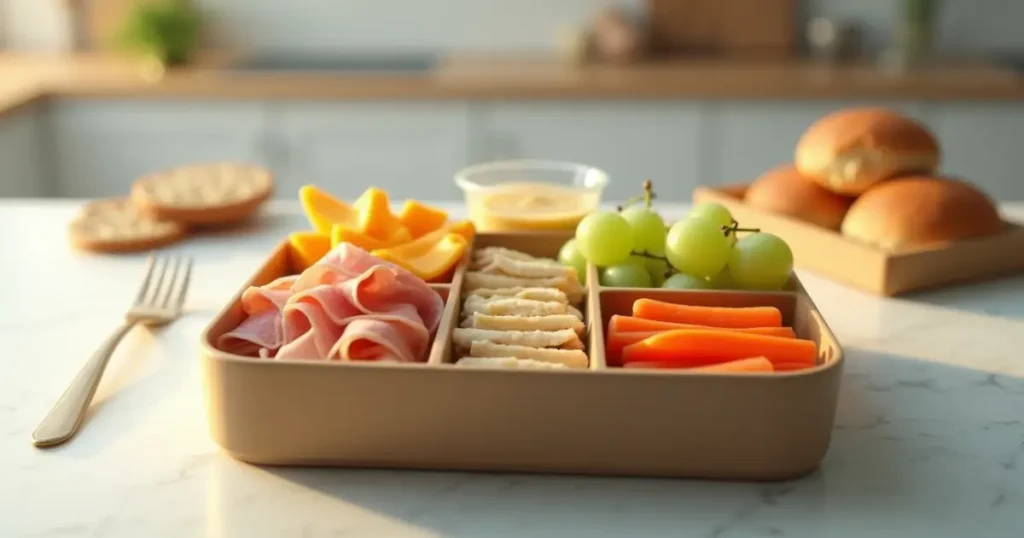 A fresh and colorful homemade Lunchables Uploaded meal arranged in a bento box on a kitchen counter