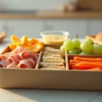 A fresh and colorful homemade Lunchables Uploaded meal arranged in a bento box on a kitchen counter