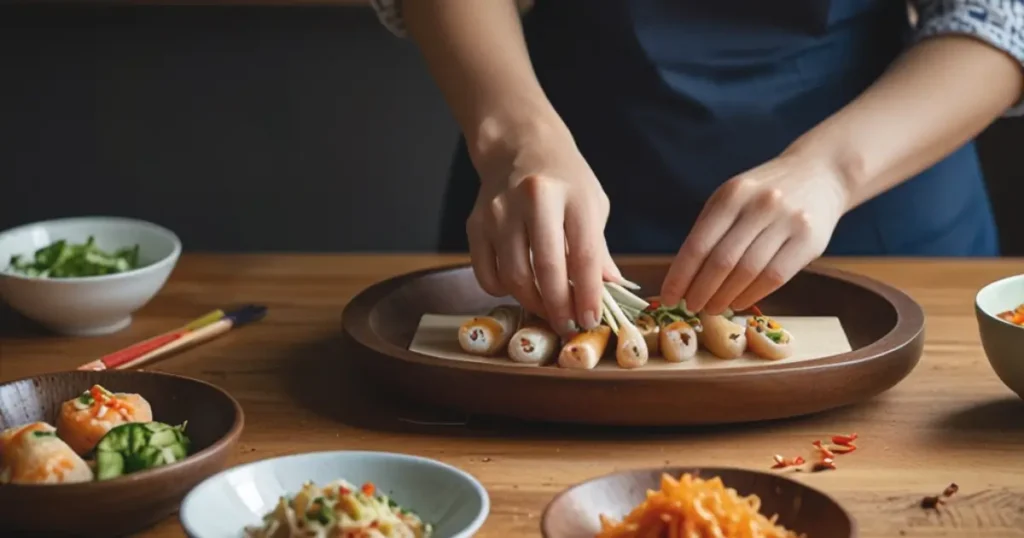 Modern Asian snack platter with dumplings, rice crackers, wasabi peas, sliced mango, lychee, and iced matcha