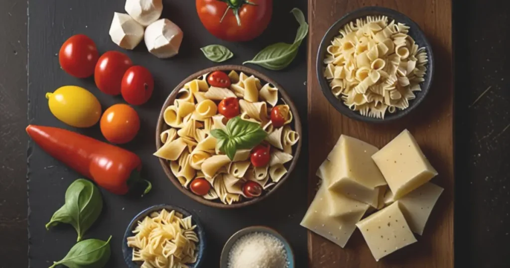 An overhead shot of fresh ingredients including tomatoes, garlic, basil, and a block of parmesan, with raw mafaldine pasta in the center.