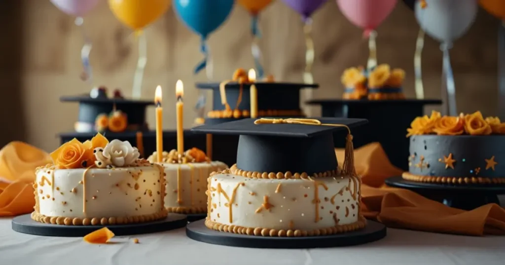 Beautifully decorated graduation cakes with a cap and diploma topper, perfect for celebrating academic achievements.