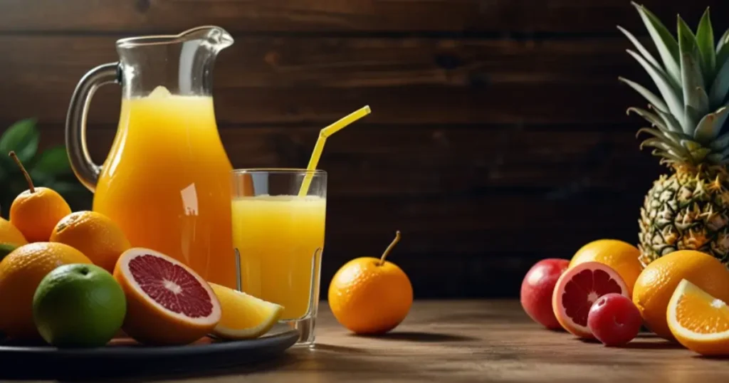 Pouring Tampico fruit juice into a glass surrounded by fresh fruits, including passionfruit and orange slices