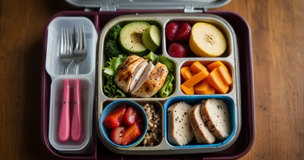 Healthy and nutritious meals from the EJMS lunch menu, including fresh grilled chicken, quinoa salad, and colorful vegetables in a school lunch box