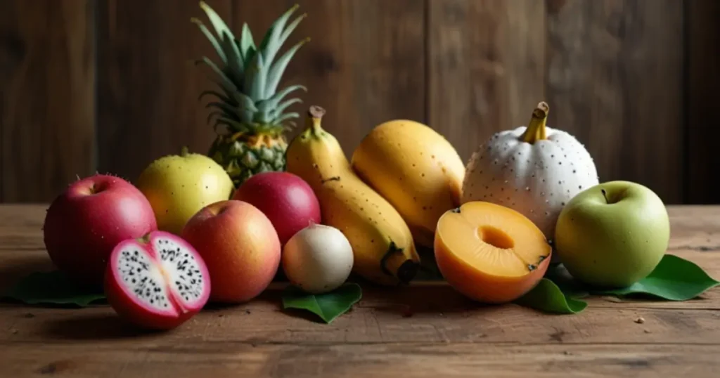 Assorted fresh white fruits like bananas, lychees, and white peaches arranged on a wooden table