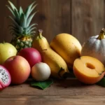 Assorted fresh white fruits like bananas, lychees, and white peaches arranged on a wooden table