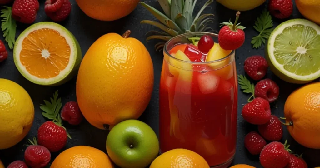 A refreshing glass of Arizona Fruit Punch, garnished with a slice of lime and a cocktail umbrella.