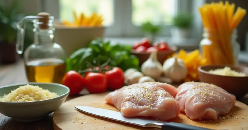 Ingredients for chicken pasta: chicken breasts, pasta, garlic, tomatoes, basil, olive oil, and parmesan cheese