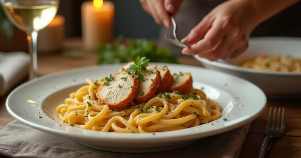 A plate of creamy Chicken Pasta Parmesan topped with seared chicken slices and garnished with parsley