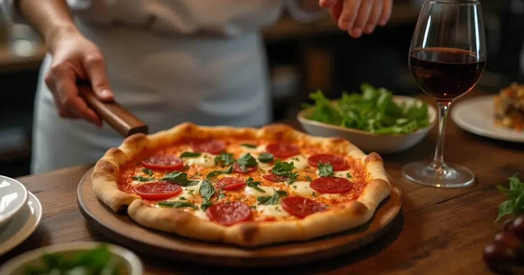 Slicing a pizza made with the pizza edition, showcasing a crispy crust and a melty, cheesy topping