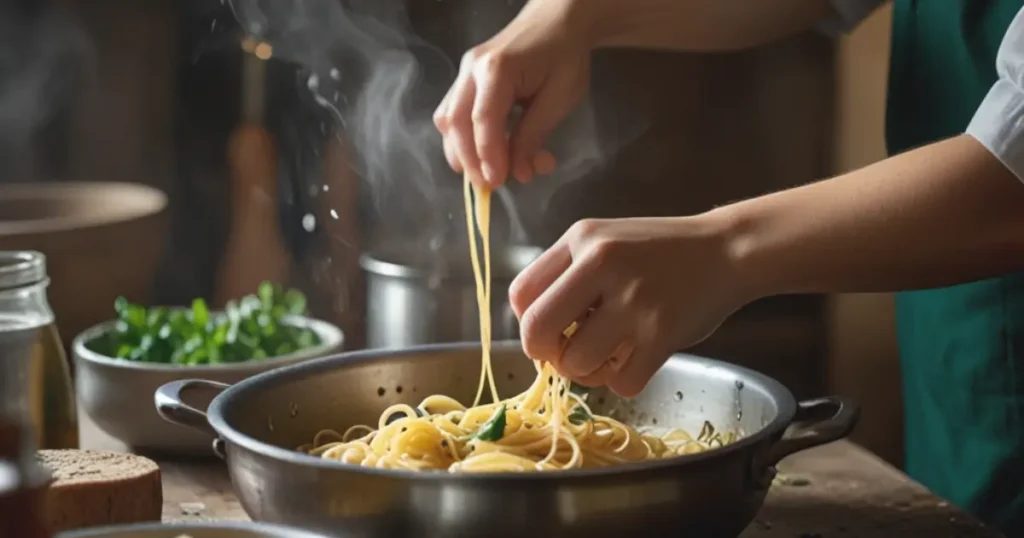 A chef’s hands stirring mafaldine pasta in a pot of boiling water, with steam rising from the pot, ready to be served.