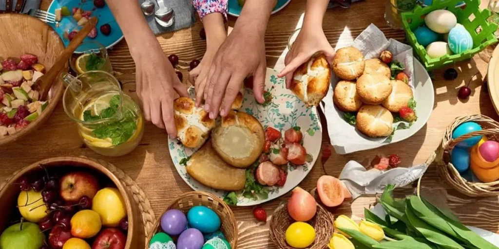 An inviting Easter Brunch Near Me setup with waffles, mimosas, fresh fruit, and festive decorations like pastel eggs and spring flowers