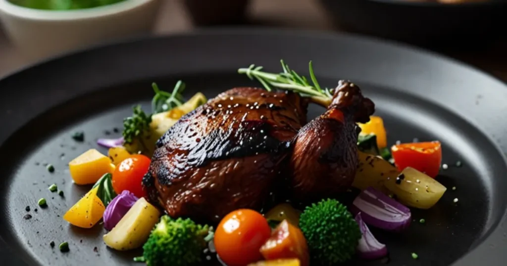 Black chicken meat with highlighted health benefits such as rich in protein and antioxidants.