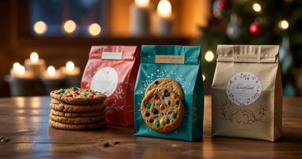 Transparent cookie bags tied with a red ribbon, filled with freshly baked chocolate chip cookies.