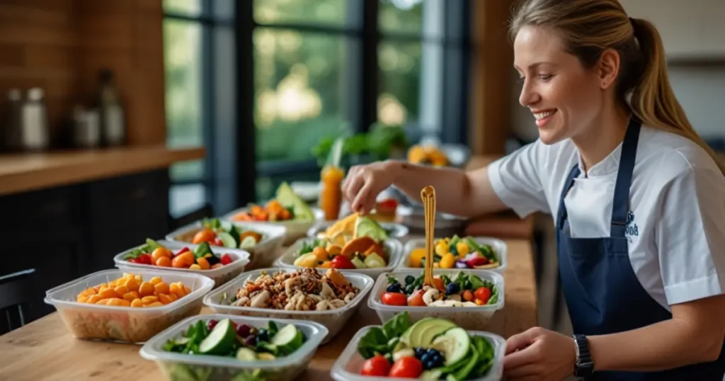 Fresh, healthy lunches from the EJMS lunch menu with grilled chicken, colorful vegetables, and a side of fresh fruit.