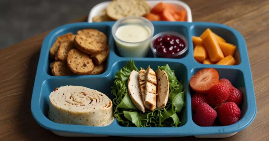 Healthy school lunch tray with grilled chicken wrap, fresh fruit, and veggies at Jackson County High