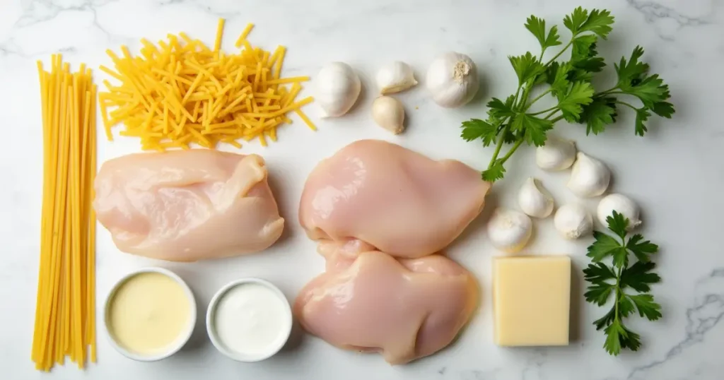 Close-up of golden chicken slices on a bed of creamy parmesan pasta.