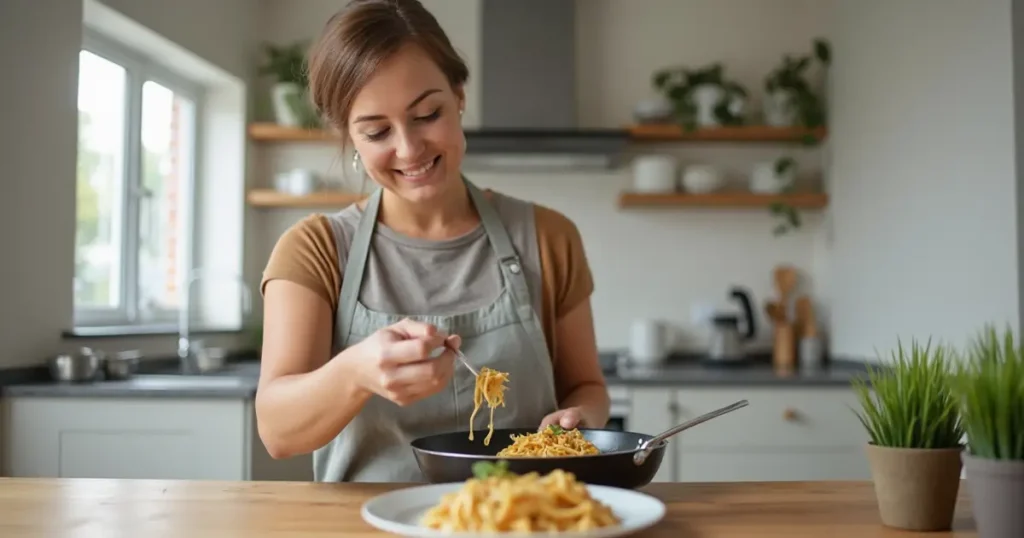 A woman serving a freshly cooked chicken pasta dish in a bright kitchen