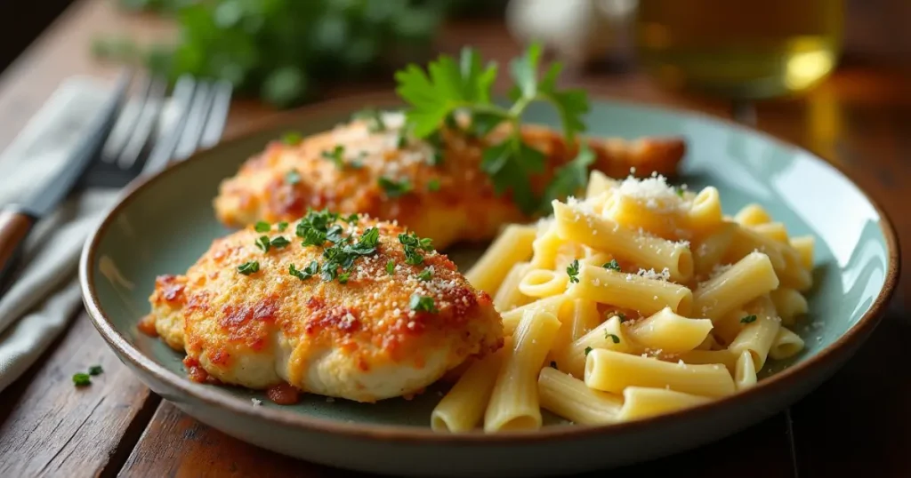 Golden garlic Parmesan chicken breast served with creamy pasta, garnished with fresh parsley and grated Parmesan.