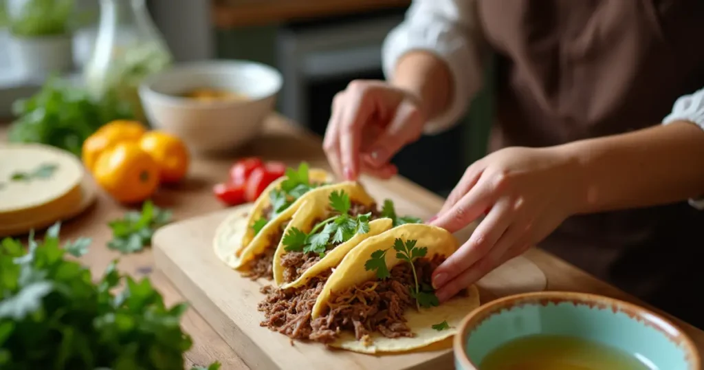 A woman savoring a bite of quesabirria tacos, smiling with enjoyment in a cozy dining setting