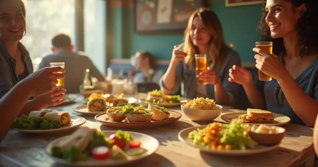 Group of friends enjoying a lively lunch at a cafe, with a variety of fresh, delicious dishes.Best Lunch Near Me