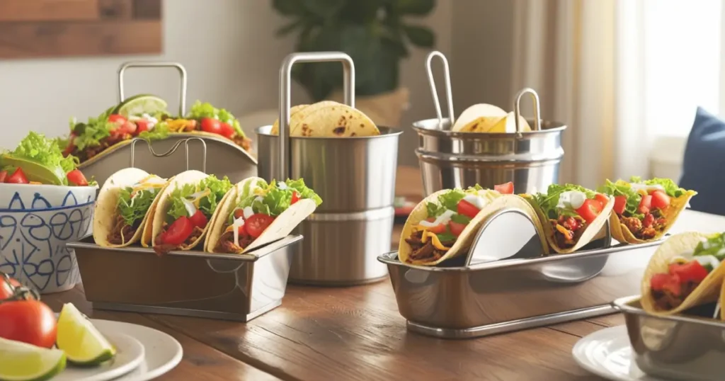 Taco holders keeping tacos upright on a dining table with fresh toppings